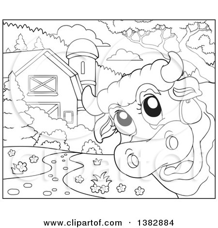 Clipart of a Black and White Lineart Cow Looking Around the Corner in a Barn Yard - Royalty Free Vector Illustration by visekart