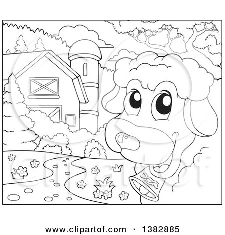 Clipart of a Black and White Lineart Sheep Looking Around the Corner in a Barn Yard - Royalty Free Vector Illustration by visekart