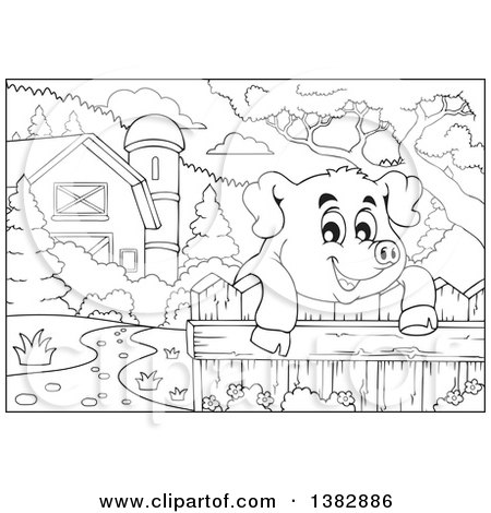 Clipart of a Black and White Lineart Happy Pig Looking over a Fence in a Barnyard - Royalty Free Vector Illustration by visekart