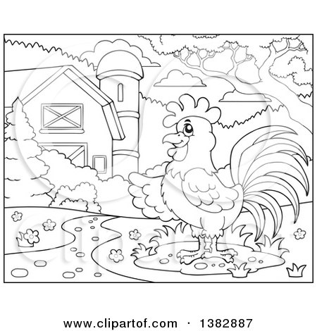 Clipart of a Black and White Lineart Rooster in a Barnyard - Royalty Free Vector Illustration by visekart
