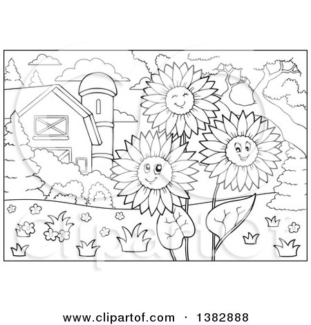 Clipart of a Black and White Lineart Barn Yard with Happy Sunflowers - Royalty Free Vector Illustration by visekart