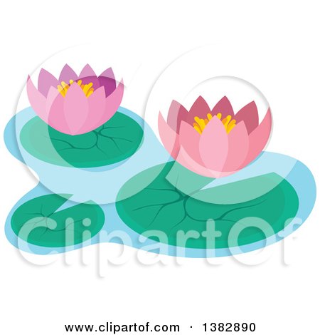 Clipart of Pink Lotus Water Lily Flowers and Pads - Royalty Free Vector Illustration by visekart