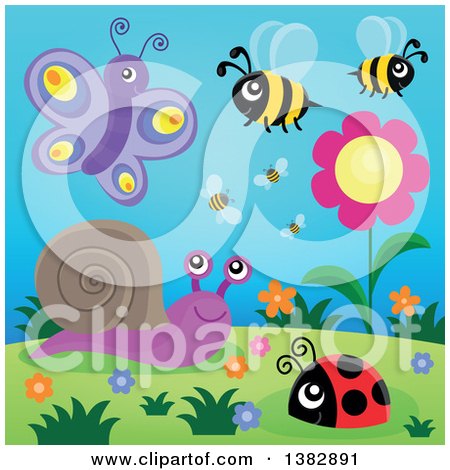 Clipart of a Butterfly, Snail, Ladybug and Bees Around Flowers on a Hill - Royalty Free Vector Illustration by visekart