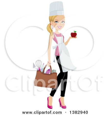 Clipart of a Blond Caucasian Chef Woman Carrying a Bag of Utensils and Holding a Chocolate Dipped Apple in One Hand - Royalty Free Vector Illustration by Monica