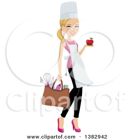 Clipart of a Blond Caucasian Chef Woman Carrying a Bag of Utensils and Holding a Chocolate Dipped Apple in One Hand - Royalty Free Vector Illustration by Monica