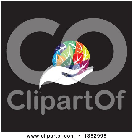 Clipart of a White Hand Holding a Globe of Colorful Leaves on Black - Royalty Free Vector Illustration by ColorMagic