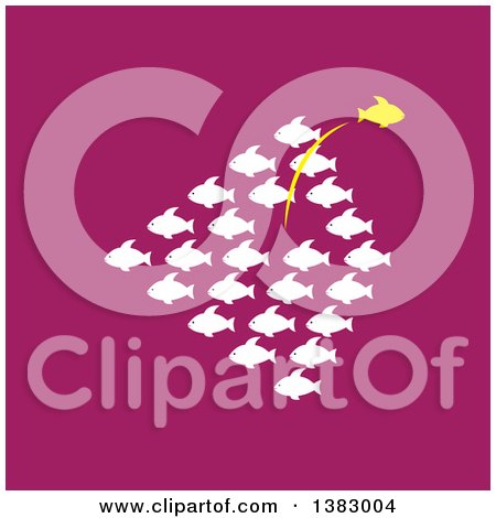 Clipart of a Group of White Fish with a Yellow One Leaping out in the Opposite Direction over Purple - Royalty Free Vector Illustration by ColorMagic