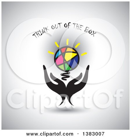 Clipart of a Colorful Light Bulb with Hands and Think out of the Box Text on Gray - Royalty Free Vector Illustration by ColorMagic