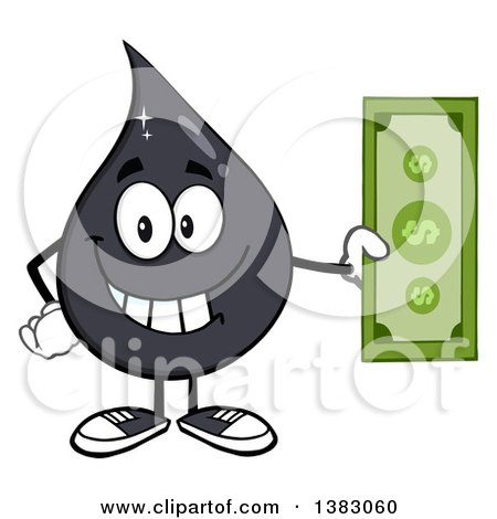 Clipart of a Cartoon Oil Drop Mascot Holding a Dollar Bill - Royalty Free Vector Illustration by Hit Toon