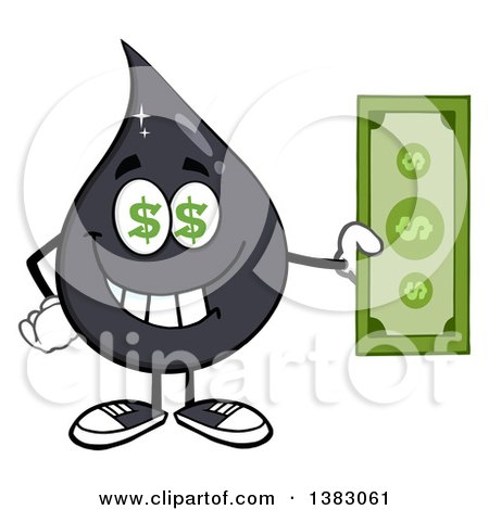 Clipart of a Cartoon Oil Drop Mascot with Dollar Eyes, Holding a Dollar Bill - Royalty Free Vector Illustration by Hit Toon