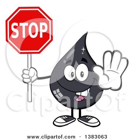 Clipart of a Cartoon Oil Drop Mascot Gesturing and Holding a Stop Sign - Royalty Free Vector Illustration by Hit Toon