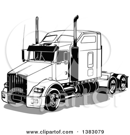 Clipart of a Black and White Big Rig Truck Without a Trailer, and a Gray Shadow - Royalty Free Vector Illustration by dero