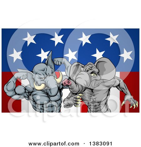 Clipart of Aggressive Elephant Men Republican Candidates Fighting over an American Flag - Royalty Free Vector Illustration by AtStockIllustration
