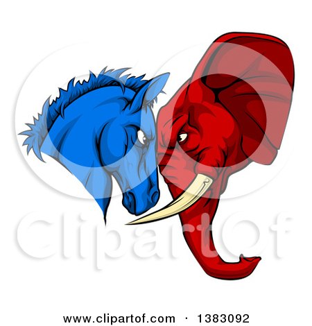 Clipart of a Political Aggressive Democratic Donkey or Horse and Republican Elephant Butting Heads - Royalty Free Vector Illustration by AtStockIllustration