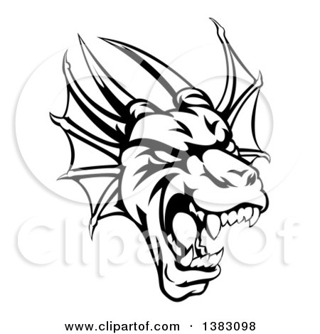 Clipart of a Black and White Roaring Horned Dragon Mascot Head - Royalty Free Vector Illustration by AtStockIllustration