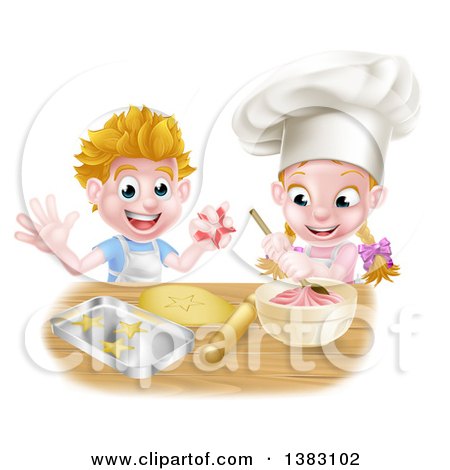 Clipart of a Cartoon Happy White Girl and Boy Making Pink Frosting and Star Shaped Cookies - Royalty Free Vector Illustration by AtStockIllustration