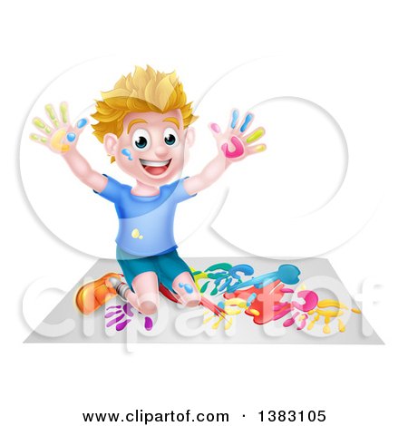 Clipart of a Cartoon Happy White Boy Kneeling and Hand Painting Artwork - Royalty Free Vector Illustration by AtStockIllustration