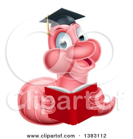 Clipart of a Cartoon Happy Pink Graduate Book Worm Reading - Royalty Free Vector Illustration by AtStockIllustration