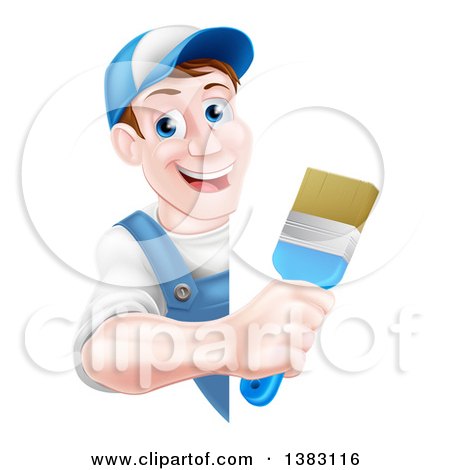Clipart of a Happy Middle Aged Brunette Caucasian Male House Painter Holding a Brush Around a Sign - Royalty Free Vector Illustration by AtStockIllustration