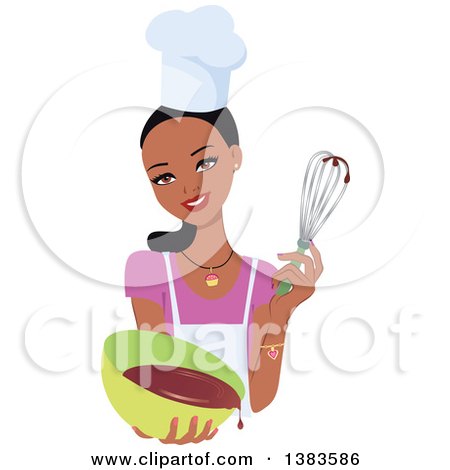 Clipart of a Pretty Black Baker Woman with Long Hair in a Pony Tail, Holding up a Whisk and a Bowl of Cake Mix - Royalty Free Vector Illustration by Monica