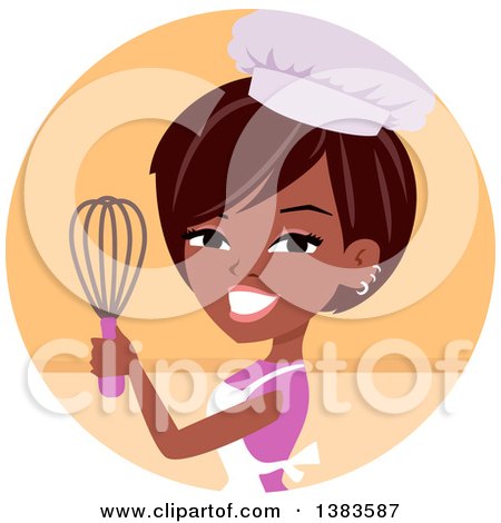 Clipart of a Pretty Black Chef Woman Holding up a Whisk in an Orange Circle - Royalty Free Vector Illustration by Monica