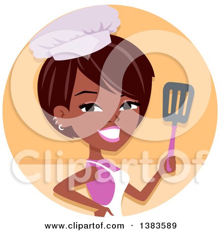 Clipart of a Pretty Black Baker Woman Holding up a Spatula in an Orange Circle - Royalty Free Vector Illustration by Monica