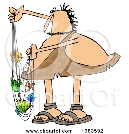 Clipart of a Chubby Caveman with Colorful Fish in a Net - Royalty Free Illustration by djart
