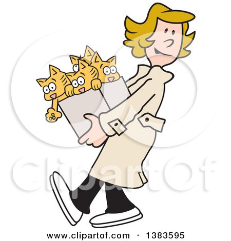 Clipart of a Cartoon Blond Caucasian Woman Carrying a Box of Kittens - Royalty Free Vector Illustration by Johnny Sajem