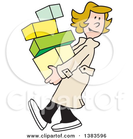 Clipart of a Cartoon Blond Caucasian Woman Carrying Packages - Royalty Free Vector Illustration by Johnny Sajem