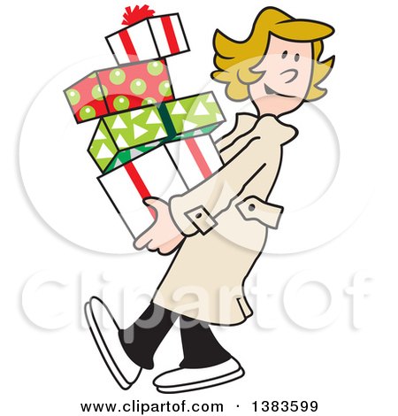 Clipart of a Cartoon Blond Caucasian Woman Carrying Christmas Gifts - Royalty Free Vector Illustration by Johnny Sajem