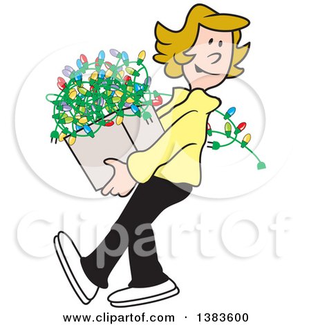 Clipart of a Cartoon Blond Caucasian Woman Carrying a Box of Christmas Lights - Royalty Free Vector Illustration by Johnny Sajem