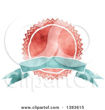 Clipart of a Retro Red and Blue Styled Badge Seal Label with a Blank Ribbon Banner - Royalty Free Vector Illustration by KJ Pargeter