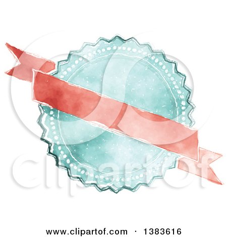 Clipart of a Retro Red and Blue Styled Badge Seal Label with a Blank Ribbon Banner - Royalty Free Vector Illustration by KJ Pargeter