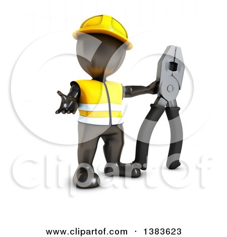 Clipart of a 3d Black Man Contractor Holding Linesman Pliers, on a White Background - Royalty Free Illustration by KJ Pargeter