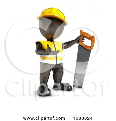 Clipart of a 3d Black Man Contractor Holding a Saw, on a White Background - Royalty Free Illustration by KJ Pargeter
