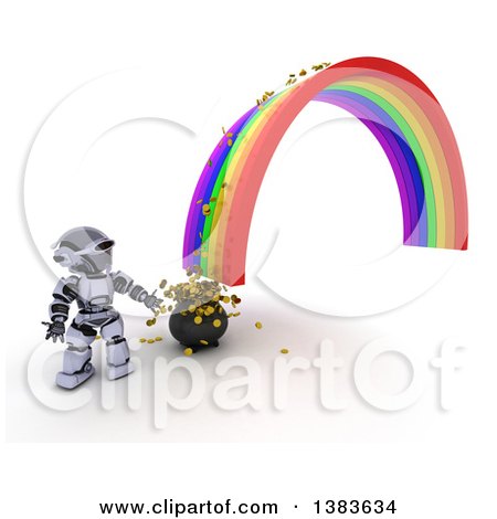 Clipart of a 3d Silver Robot at the End of a Rainbow and Pot of Gold with Coins Spilling Out, on a White Background - Royalty Free Illustration by KJ Pargeter