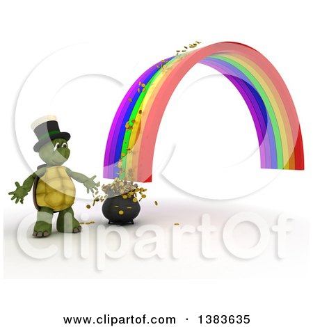 Clipart of a 3d Tortoise at the End of a Rainbow and Pot of Gold with Coins Spilling Out, on a White Background - Royalty Free Illustration by KJ Pargeter