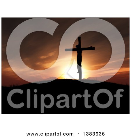 Clipart of a Scene of Silhouetted Jesus Christ on the Cross Against a 3d Landscape and Sunset - Royalty Free Illustration by KJ Pargeter