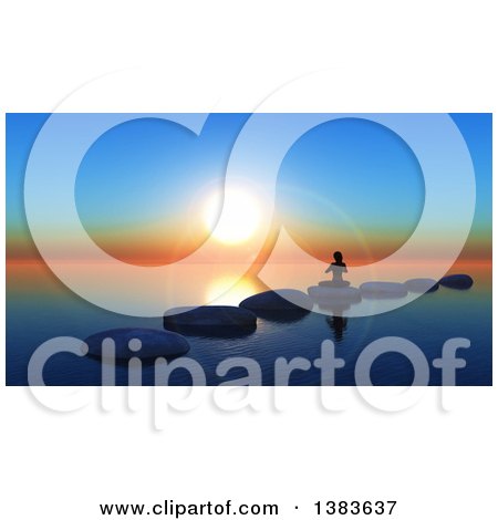 Clipart of a 3d Silhouetted Woman in a Yoga Pose, Sitting on Stones on Still Water Against a Sunset - Royalty Free Illustration by KJ Pargeter
