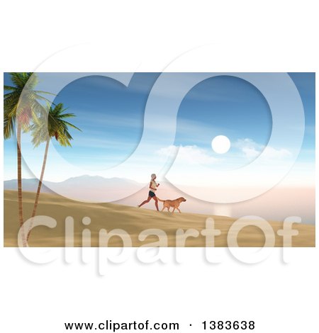 Clipart of a 3d Silhouetted Fit Woman Jogging with Her Dog at Sunrise on a Beach - Royalty Free Illustration by KJ Pargeter