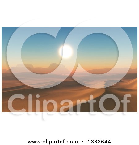 Clipart of a 3d Desert Landscape with Dunes and Rock Formations at Sunset - Royalty Free Illustration by KJ Pargeter