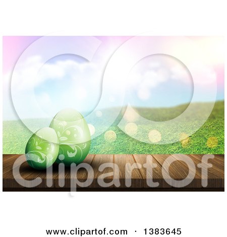 Clipart of a 3d Wood Table with Green Floral Easter Eggs Against a Hilly Spring Landscape and Sun Flares - Royalty Free Illustration by KJ Pargeter