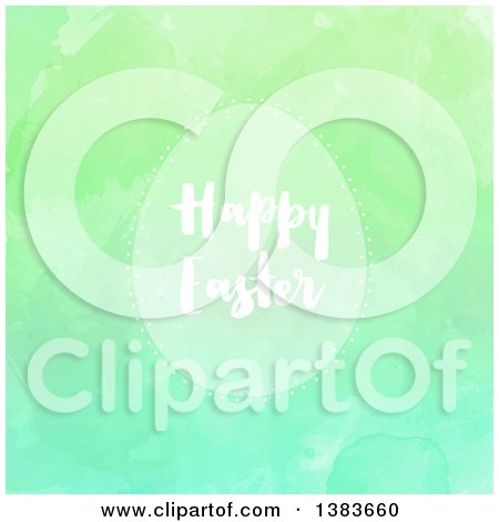 Clipart of a Happy Easter Greeting on an Egg Frame over Green Watercolor Paint Texture - Royalty Free Vector Illustration by KJ Pargeter