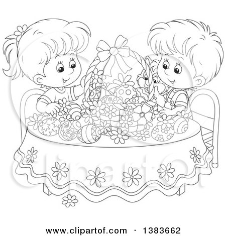 Clipart of Black and White Lineart Children and a Cat Admiring Easter Eggs and a Basket at a Table - Royalty Free Vector Illustration by Alex Bannykh