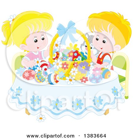 Clipart of Blond Caucasian Children and a Cat Admiring Easter Eggs and a Basket at a Table - Royalty Free Vector Illustration by Alex Bannykh