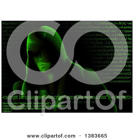Clipart of a Green Hooded Computer Hacker Emerging Behind Coding and Script - Royalty Free Vector Illustration by dero