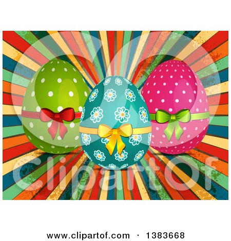 Clipart of Decorated Easter Eggs with Bows over Colorful Grungy Rays - Royalty Free Vector Illustration by elaineitalia