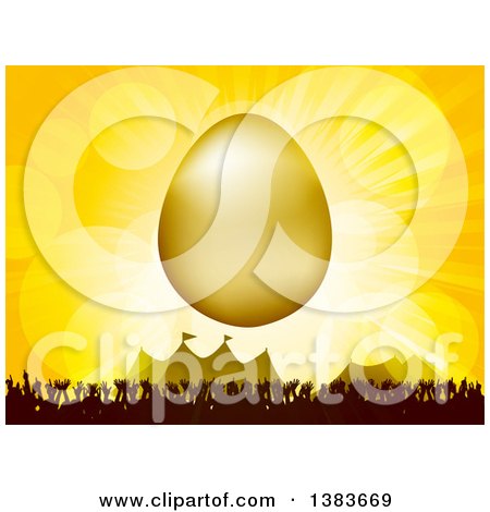 Clipart of a 3d Gold Easter Egg over a Silhouetted Crowd at an Event - Royalty Free Vector Illustration by elaineitalia