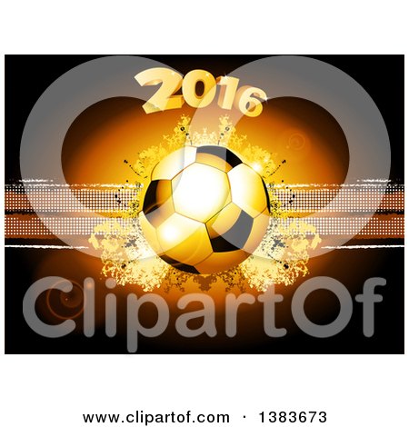 Clipart of a 3d Football or Soccer Ball with Year 2016 over Grunge and Dots on Brown with Flares - Royalty Free Vector Illustration by elaineitalia