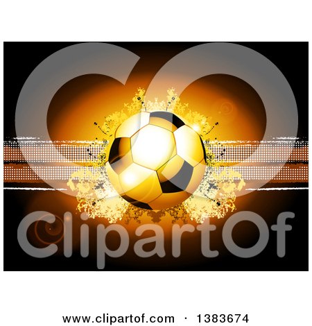 Clipart of a 3d Football or Soccer Ball over Grunge and Dots on Brown with Flares - Royalty Free Vector Illustration by elaineitalia